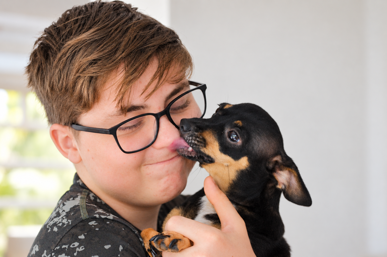 Arnold Huberty porte un chiot noir et brun qui lui lèche la joue.